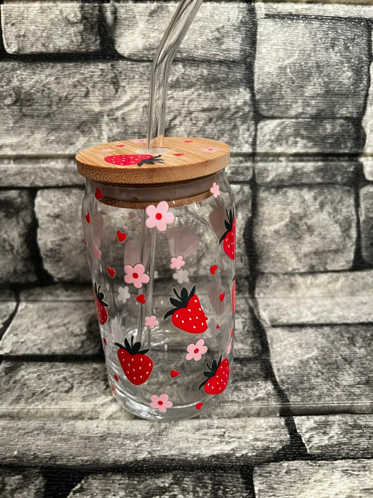 Strawberry w/Flowers 16oz Clear Glass