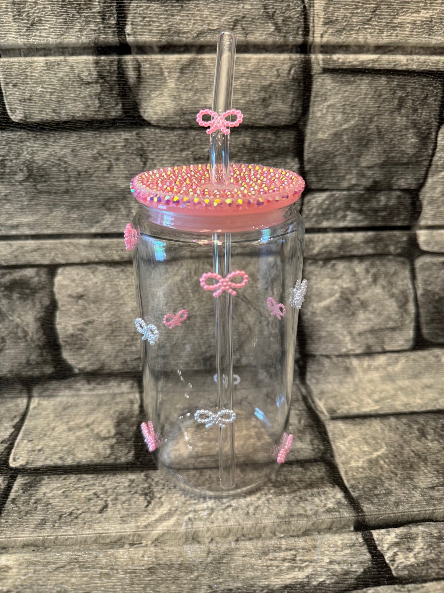 16oz Glass w/Pink Bows